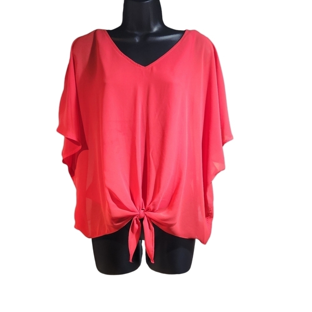 Byline Womens Red V-Neck Tie Front Flowy Light Weight Kimono Blouce Size Medium